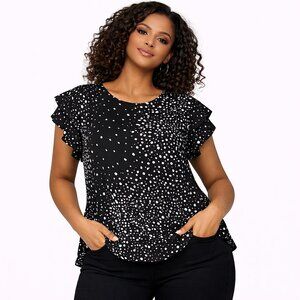 Worthington Black & White Cap Sleeve Blouse | Workwear Print Top | Size S